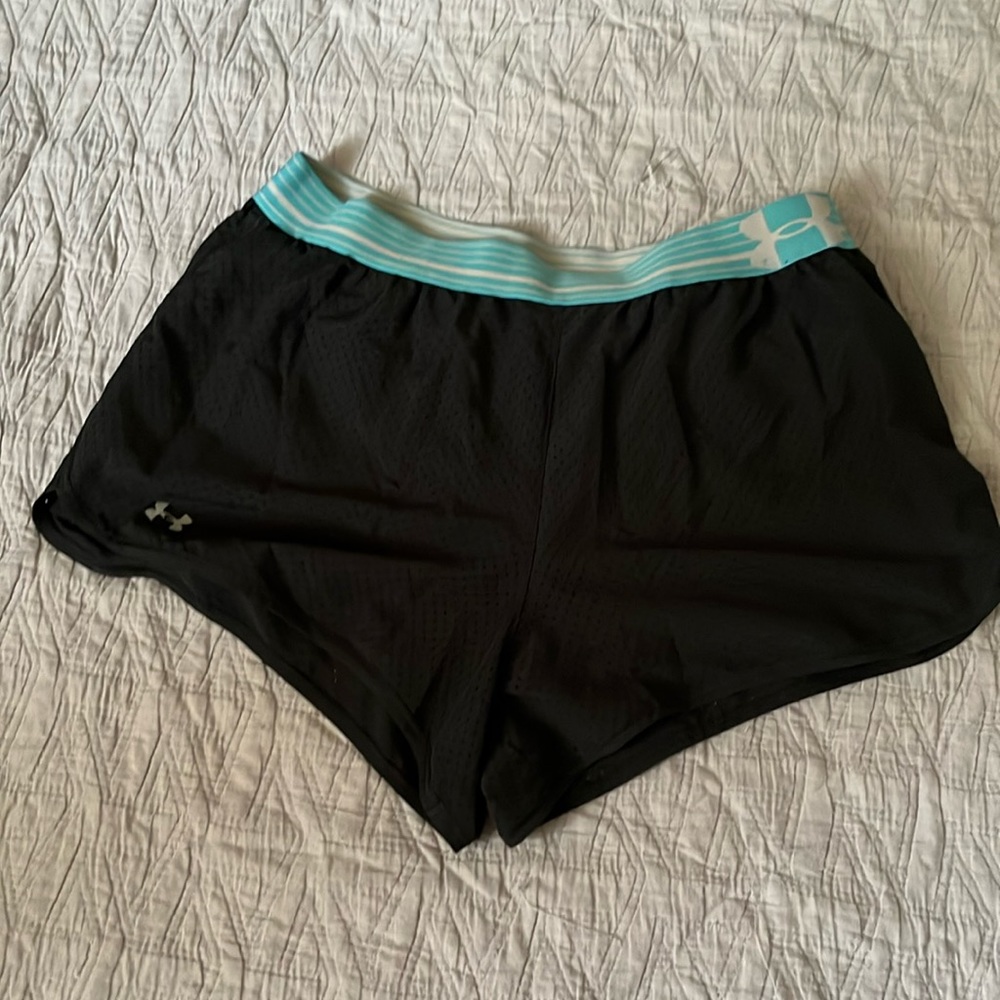under armour black running shorts with blue waistband